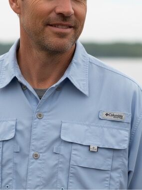 Columbia PFG Men’s Light Blue SS Outdoor Performance Fishing Gear Shirt
